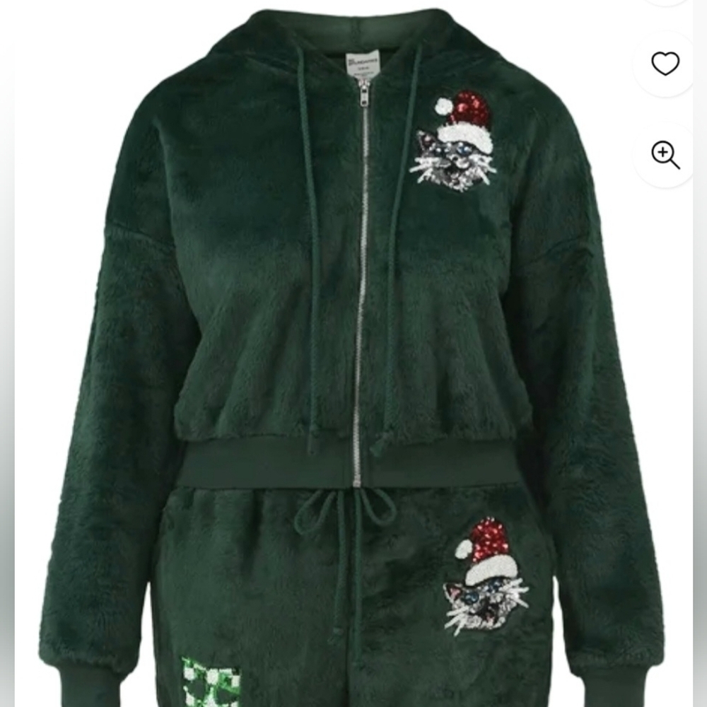 NoBo Christmas Cat Kitty Green Faux Fur Fluffy Zip-up Hoodie Junior Plus XXL 20